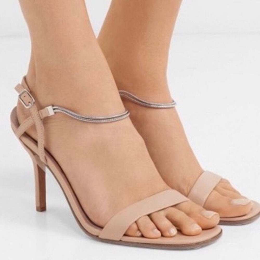 Diane Von Furstenberg Sandals Women 8 Tan Stiletto Ankle Strap Chain Detail - Picture 2 of 12